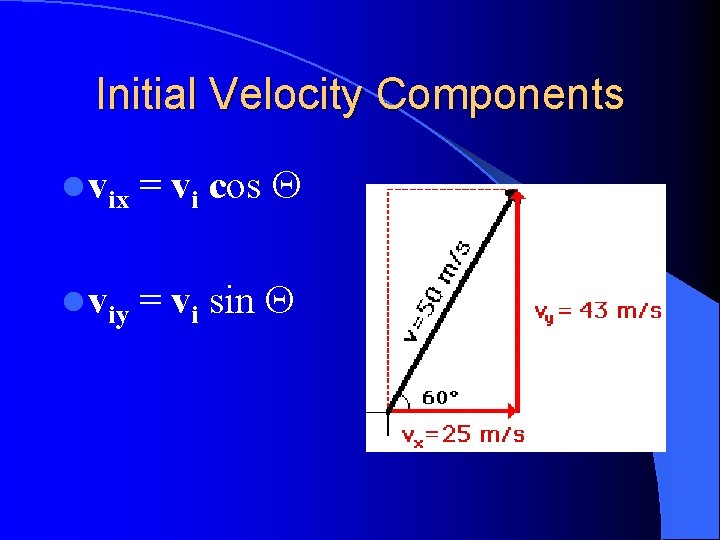 Initial Velocity Components l vix = vi cos l viy = vi sin 