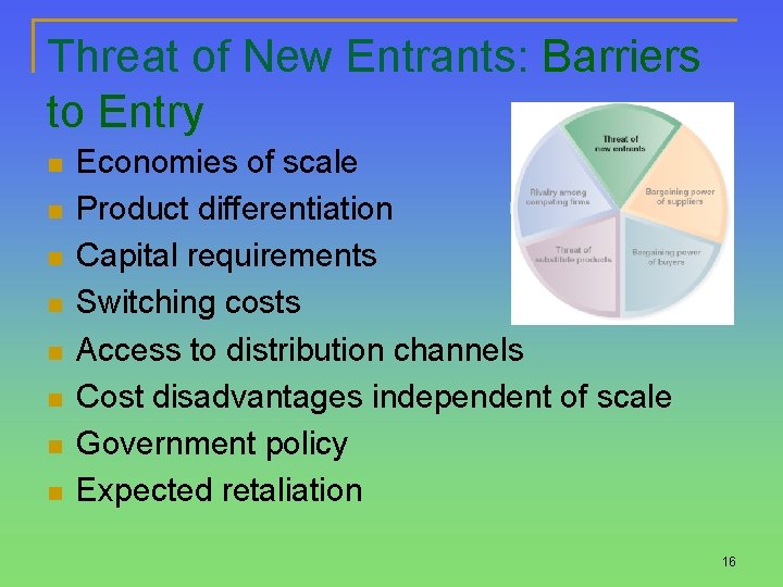 Threat of New Entrants: Barriers to Entry n n n n Economies of scale
