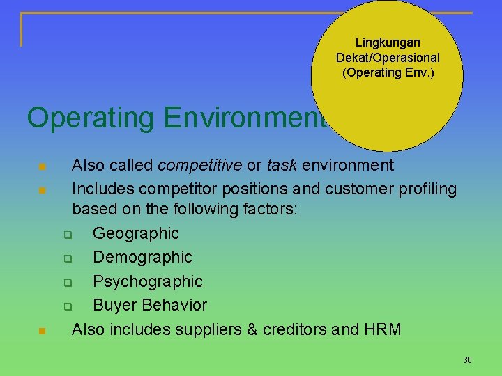 Lingkungan Dekat/Operasional (Operating Env. ) Operating Environment n n n Also called competitive or