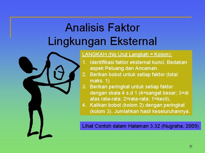 Analisis Faktor Lingkungan Eksternal LANGKAH (No Urut Langkah = Kolom): 1. Identifikasi faktor eksternal