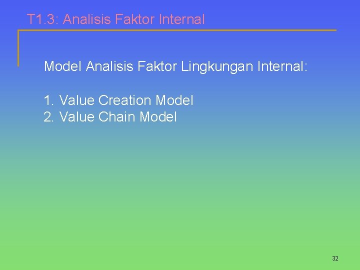 T 1. 3: Analisis Faktor Internal Model Analisis Faktor Lingkungan Internal: 1. Value Creation