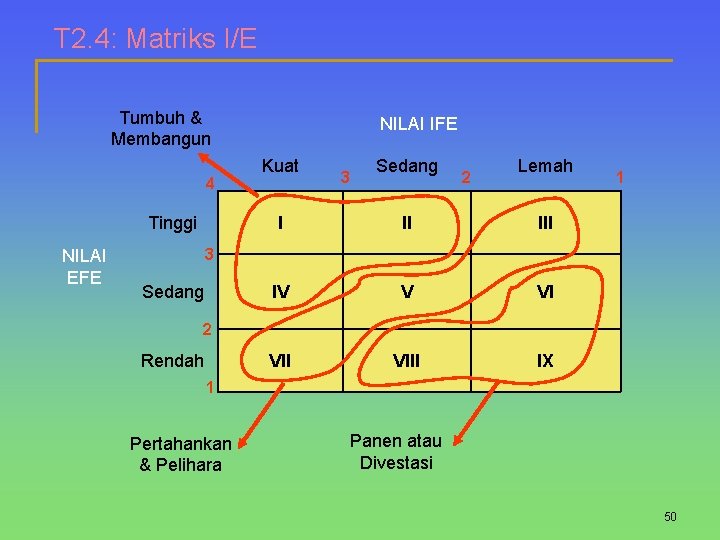 T 2. 4: Matriks I/E Tumbuh & Membangun 4 Tinggi NILAI EFE NILAI IFE