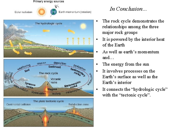 In Conclusion… • The rock cycle demonstrates the relationships among the three major rock