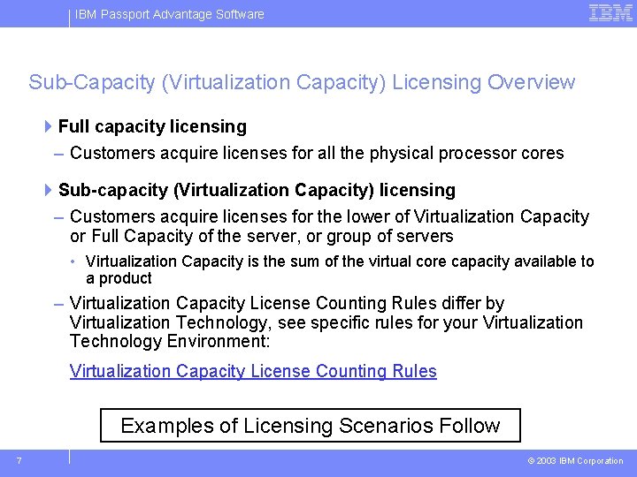 IBM Passport Advantage Software Sub-Capacity (Virtualization Capacity) Licensing Overview 4 Full capacity licensing –