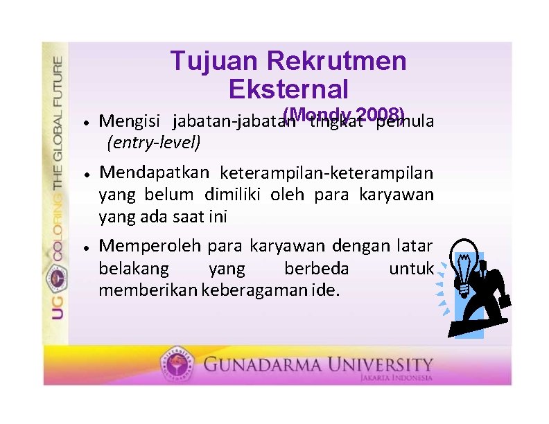 Tujuan Rekrutmen Eksternal (Mondy Mengisi jabatan-jabatan tingkat 2008) pemula (entry-level) Mendapatkan keterampilan-keterampilan yang belum
