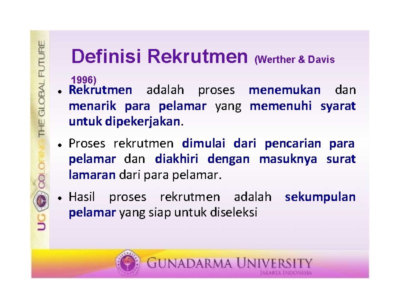 Definisi Rekrutmen (Werther & Davis 1996) Rekrutmen adalah proses menemukan dan menarik para pelamar