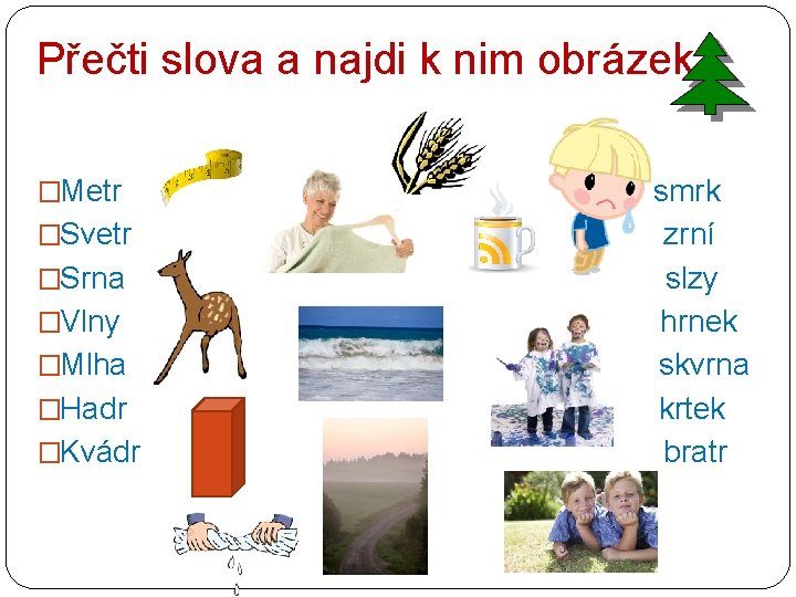 Přečti slova a najdi k nim obrázek. �Metr �Svetr �Srna �Vlny �Mlha �Hadr �Kvádr