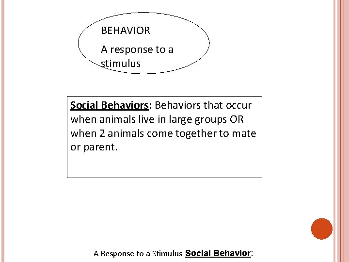 BEHAVIOR A response to a A response to stimulus a Social Behaviors: Behaviors that