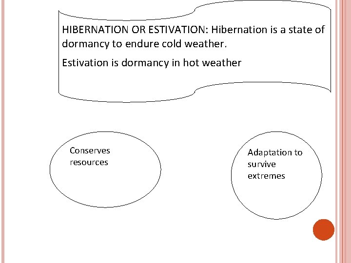 HIBERNATION OR ESTIVATION: Hibernation is a state of dormancy to endure cold weather. Estivation