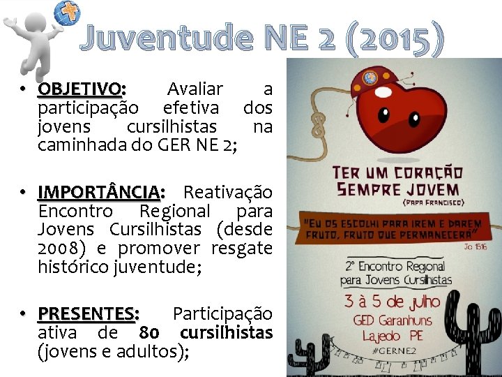 Juventude NE 2 (2015) • OBJETIVO: Avaliar a participação efetiva dos jovens cursilhistas na