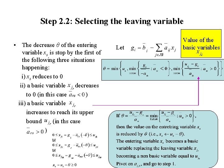 Step 2. 2: Selecting the leaving variable • The decrease θ of the entering