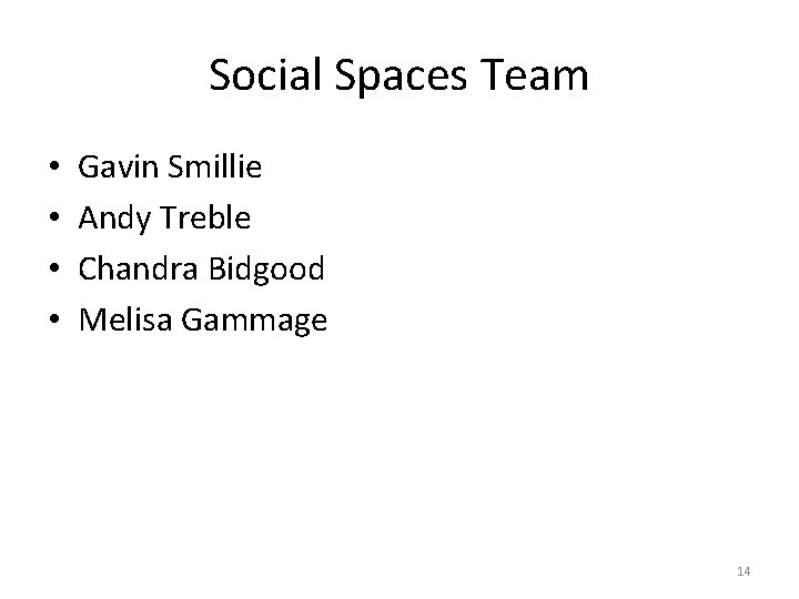 Social Spaces Team • • Gavin Smillie Andy Treble Chandra Bidgood Melisa Gammage 14