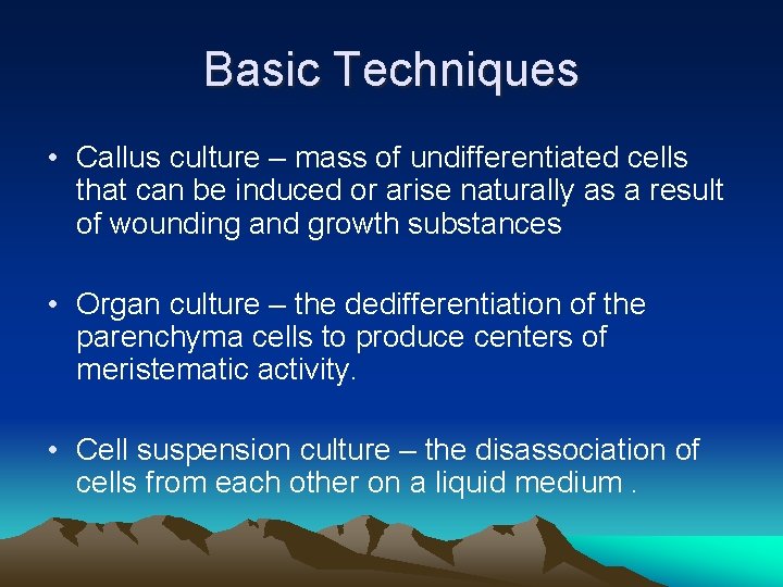 Basic Techniques • Callus culture – mass of undifferentiated cells that can be induced