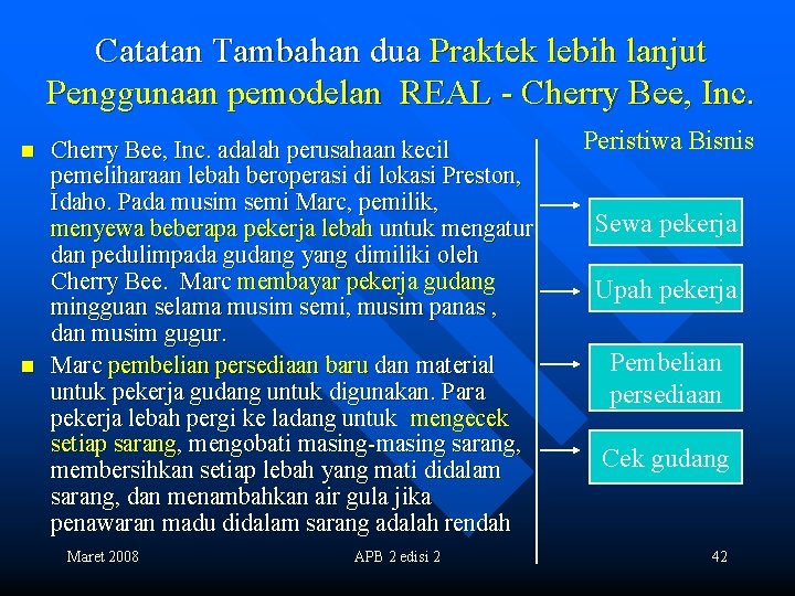 Catatan Tambahan dua Praktek lebih lanjut Penggunaan pemodelan REAL - Cherry Bee, Inc. n