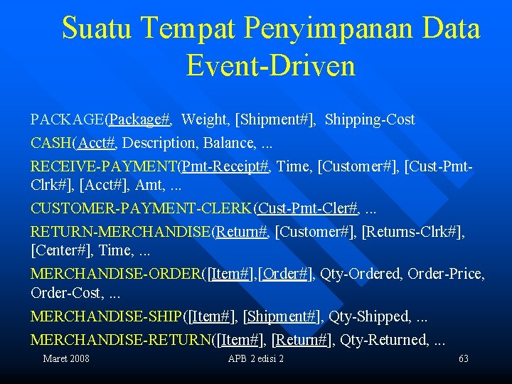 Suatu Tempat Penyimpanan Data Event-Driven PACKAGE(Package#, Weight, [Shipment#], Shipping-Cost CASH(Acct#, Description, Balance, . .