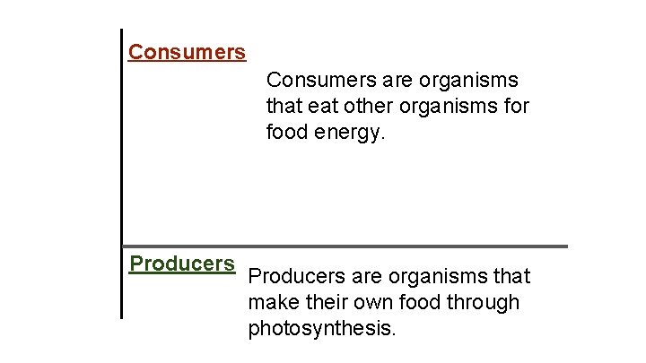Consumers are organisms that eat other organisms for food energy. Producers are organisms that