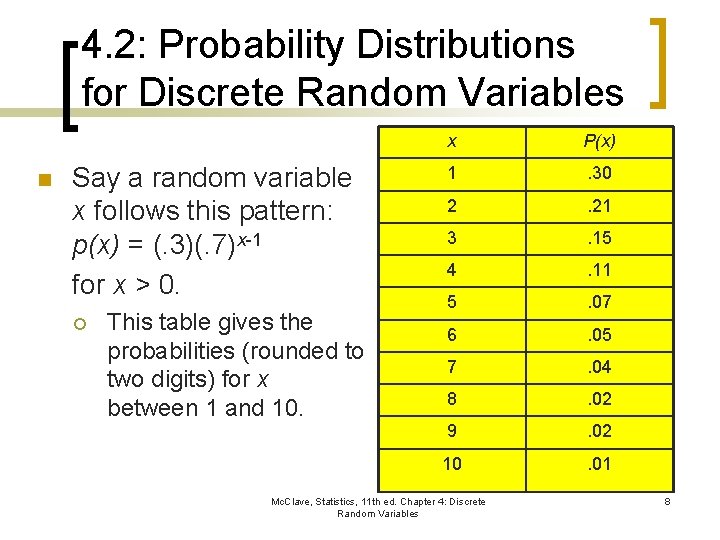4. 2: Probability Distributions for Discrete Random Variables n Say a random variable x