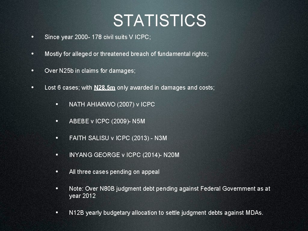 STATISTICS • Since year 2000 - 178 civil suits V ICPC; • Mostly for