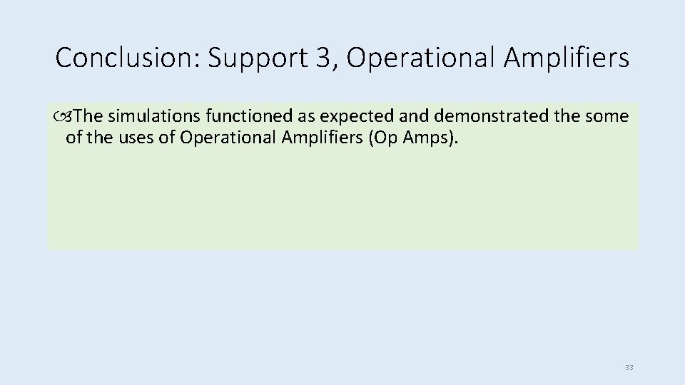 Conclusion: Support 3, Operational Amplifiers The simulations functioned as expected and demonstrated the some