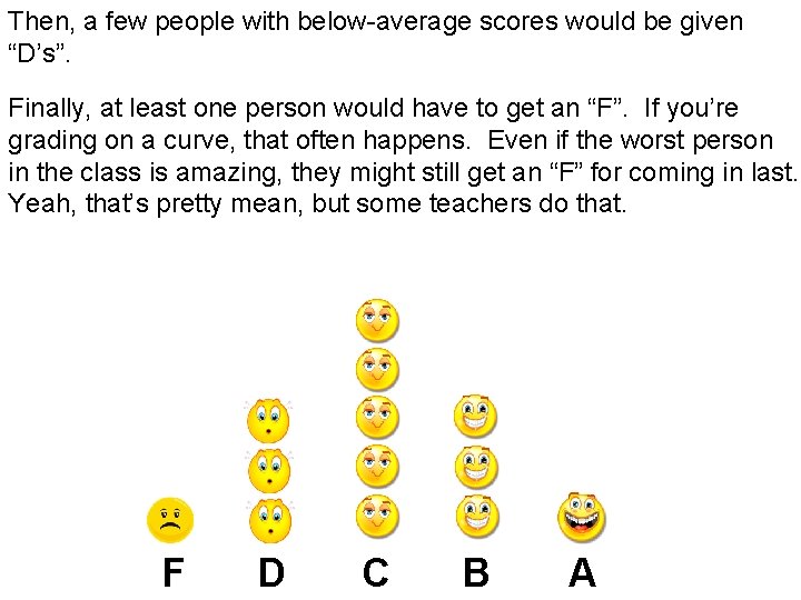 Then, a few people with below-average scores would be given “D’s”. Finally, at least