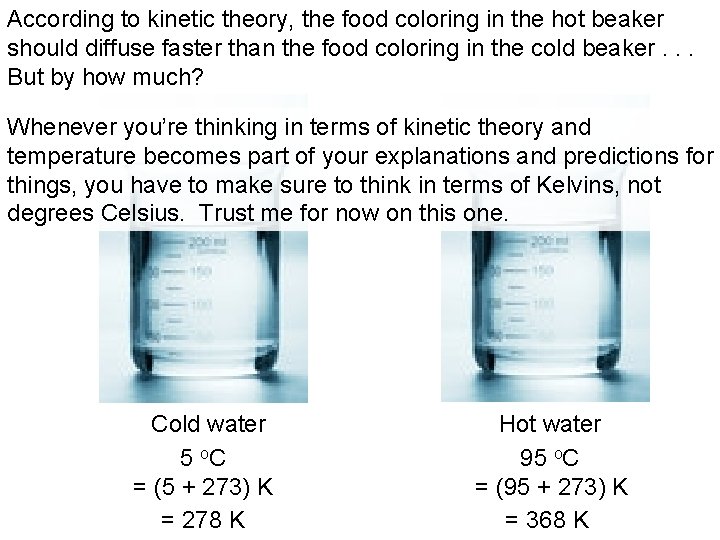 According to kinetic theory, the food coloring in the hot beaker should diffuse faster