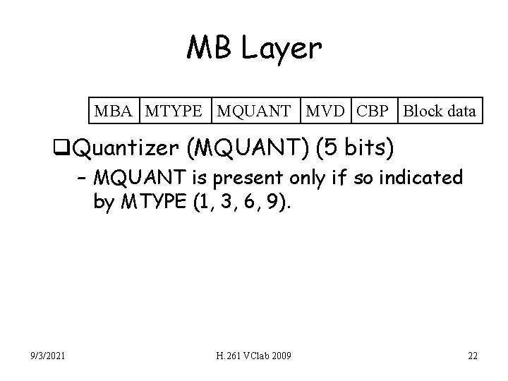 MB Layer MBA MTYPE MQUANT MVD CBP Block data q. Quantizer (MQUANT) (5 bits)