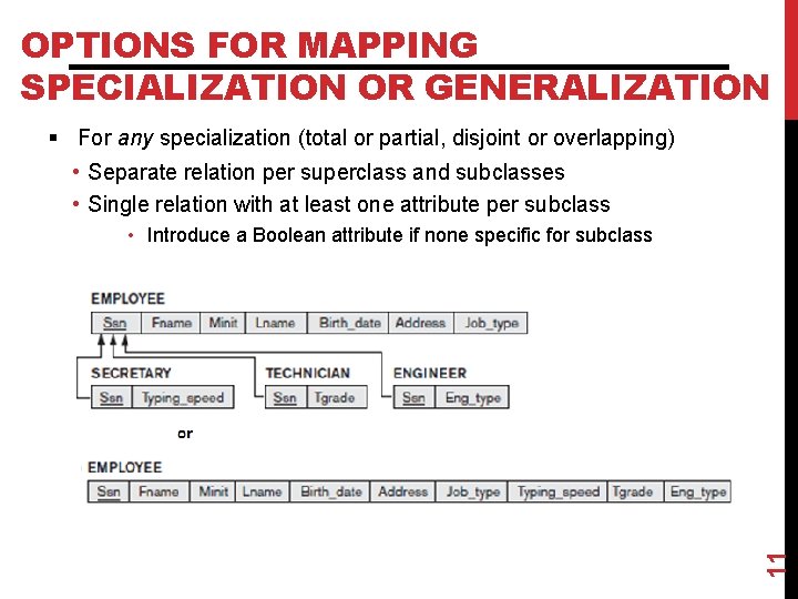 OPTIONS FOR MAPPING SPECIALIZATION OR GENERALIZATION § For any specialization (total or partial, disjoint