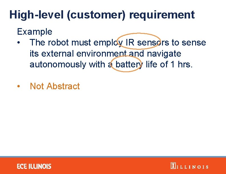 High-level (customer) requirement Example • The robot must employ IR sensors to sense its
