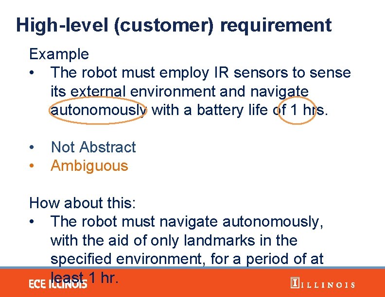 High-level (customer) requirement Example • The robot must employ IR sensors to sense its