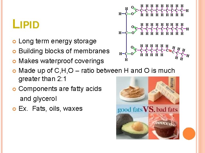 LIPID Long term energy storage Building blocks of membranes Makes waterproof coverings Made up