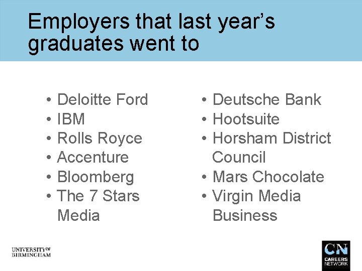 Employers that last year’s graduates went to • • • Deloitte Ford IBM Rolls