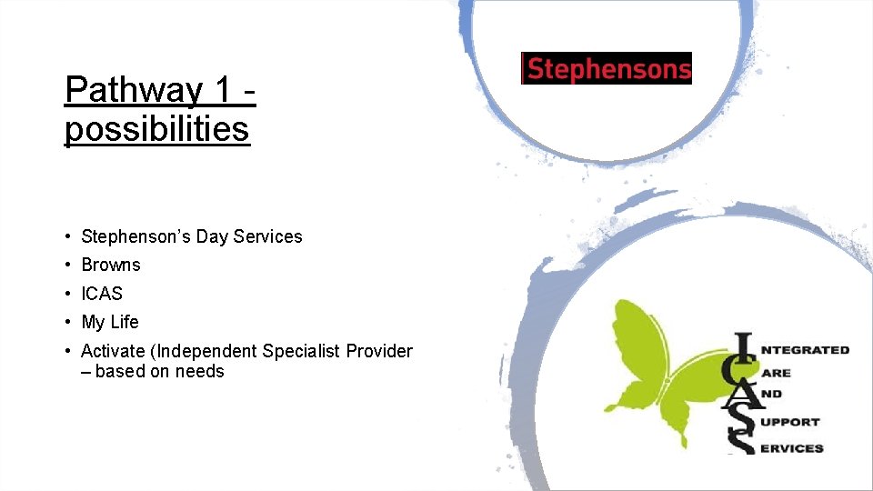 Pathway 1 possibilities • Stephenson’s Day Services • Browns • ICAS • My Life