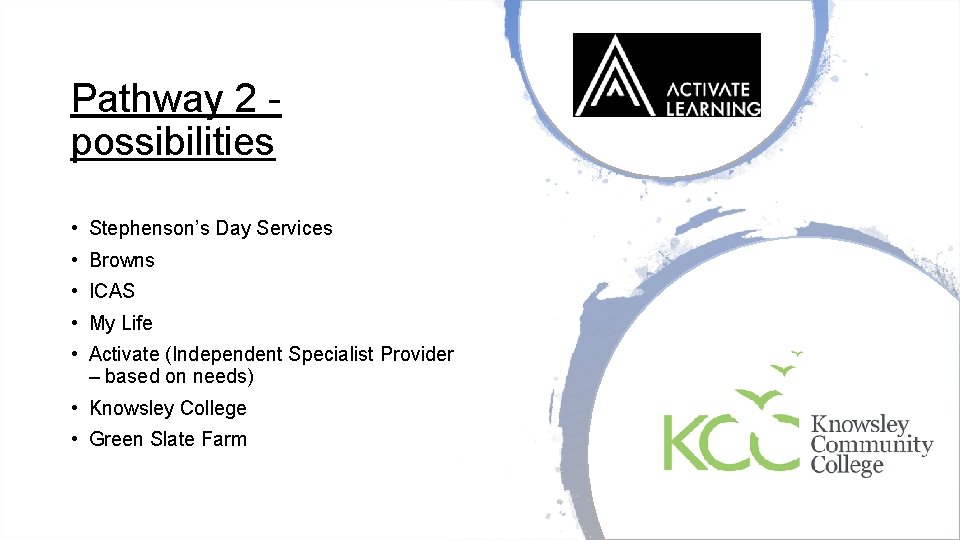 Pathway 2 possibilities • Stephenson’s Day Services • Browns • ICAS • My Life