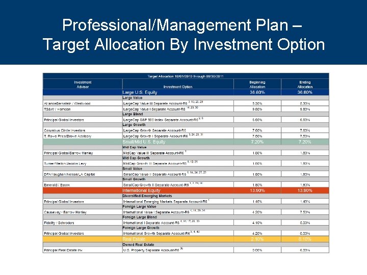 Professional/Management Plan – Target Allocation By Investment Option 