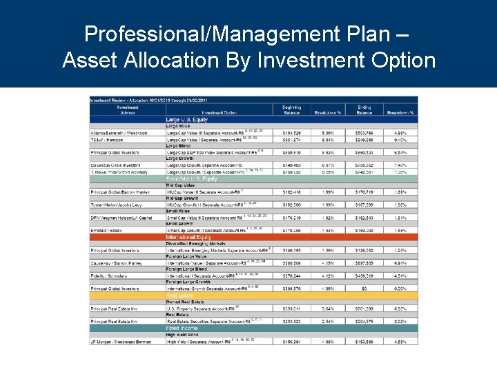 Professional/Management Plan – Asset Allocation By Investment Option 