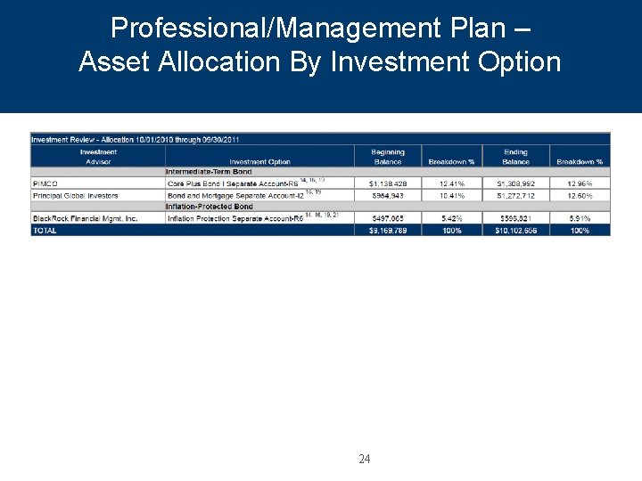 Professional/Management Plan – Asset Allocation By Investment Option 24 