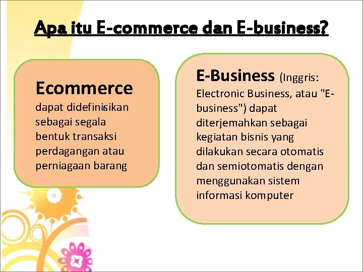 Apa itu E-commerce dan E-business? Ecommerce dapat didefinisikan sebagai segala bentuk transaksi perdagangan atau