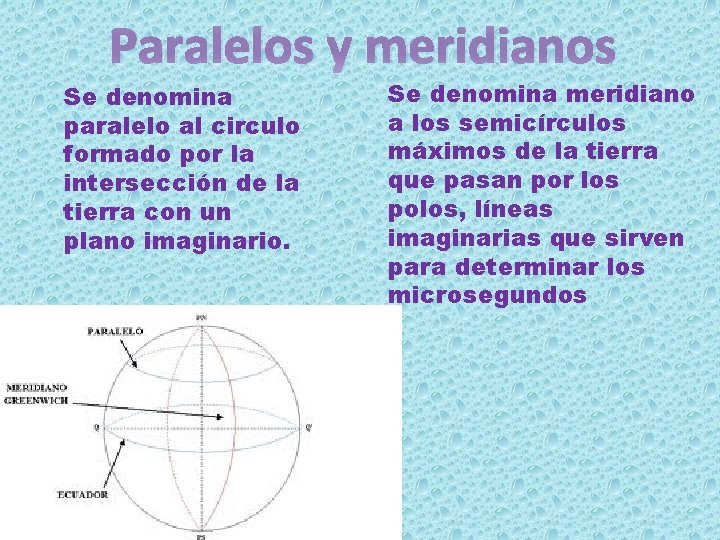 Paralelos y meridianos Se denomina paralelo al circulo formado por la intersección de la