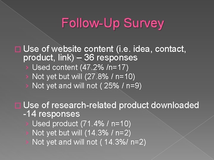 Follow-Up Survey � Use of website content (i. e. idea, contact, product, link) –