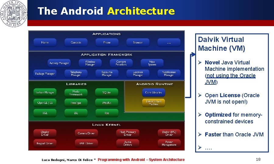 The Android Architecture Dalvik Virtual Machine (VM) Ø Novel Java Virtual Machine implementation (not