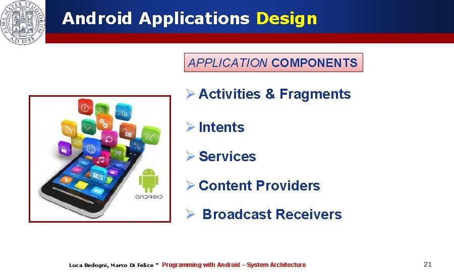 Android Applications Design APPLICATION COMPONENTS Ø Activities & Fragments Ø Intents Ø Services Ø
