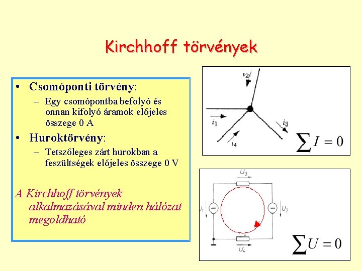 Kirchhoff törvények • Csomóponti törvény: – Egy csomópontba befolyó és onnan kifolyó áramok előjeles