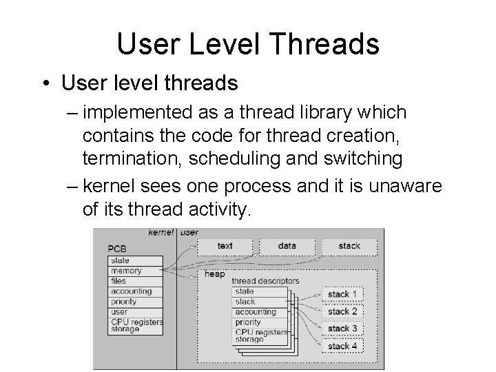User Level Threads • User level threads – implemented as a thread library which