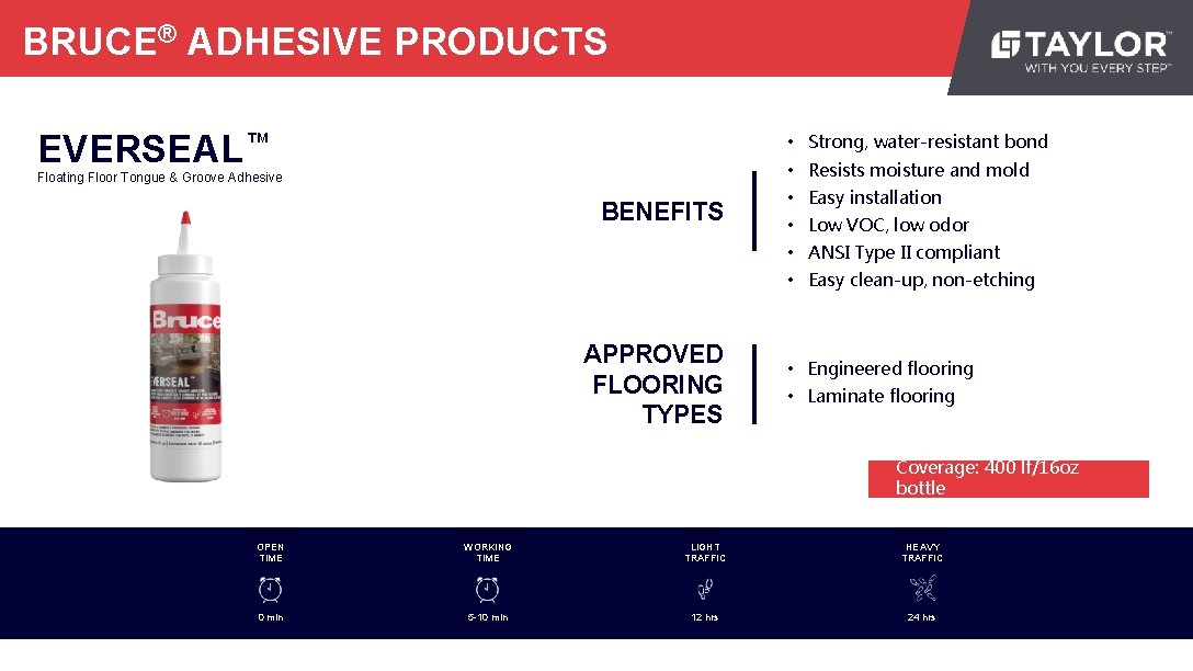 BRUCE® ADHESIVE PRODUCTS EVERSEAL™ • Strong, water-resistant bond • Resists moisture and mold Floating