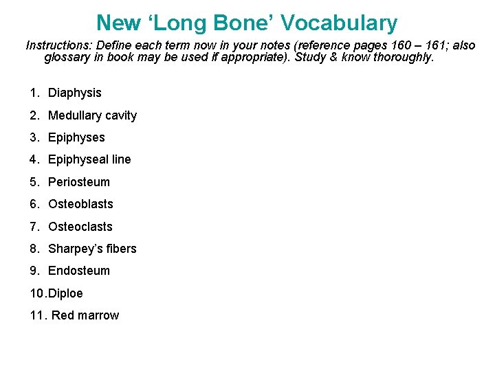 New ‘Long Bone’ Vocabulary Instructions: Define each term now in your notes (reference pages