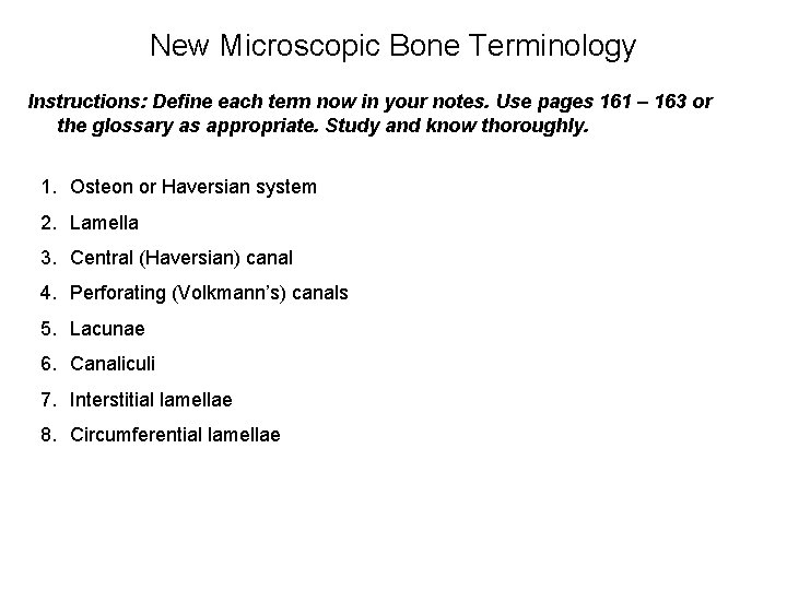 New Microscopic Bone Terminology Instructions: Define each term now in your notes. Use pages