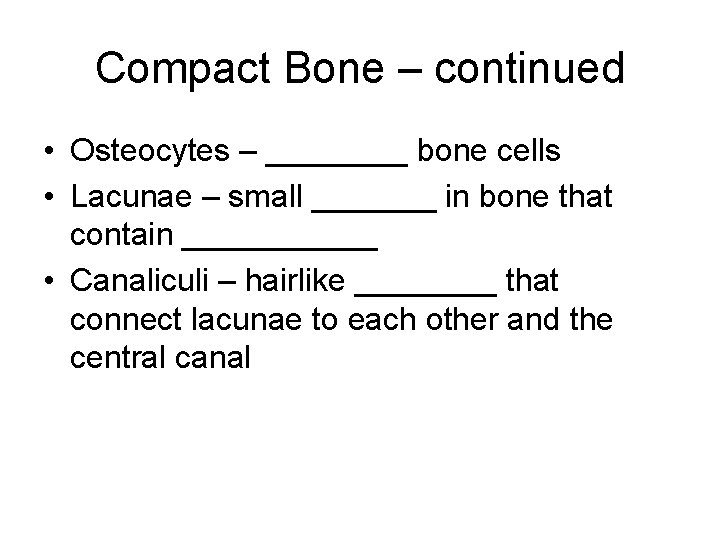 Compact Bone – continued • Osteocytes – ____ bone cells • Lacunae – small
