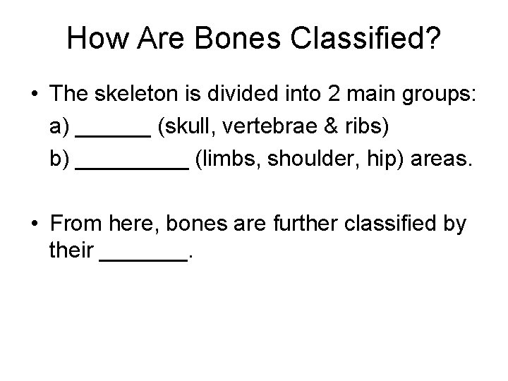 How Are Bones Classified? • The skeleton is divided into 2 main groups: a)