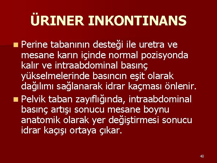 ÜRINER INKONTINANS n Perine tabanının desteği ile uretra ve mesane karın içinde normal pozisyonda