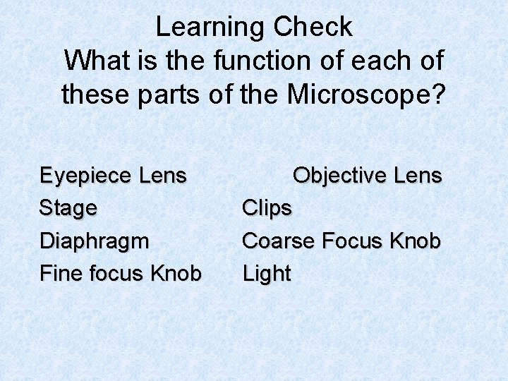 Learning Check What is the function of each of these parts of the Microscope?